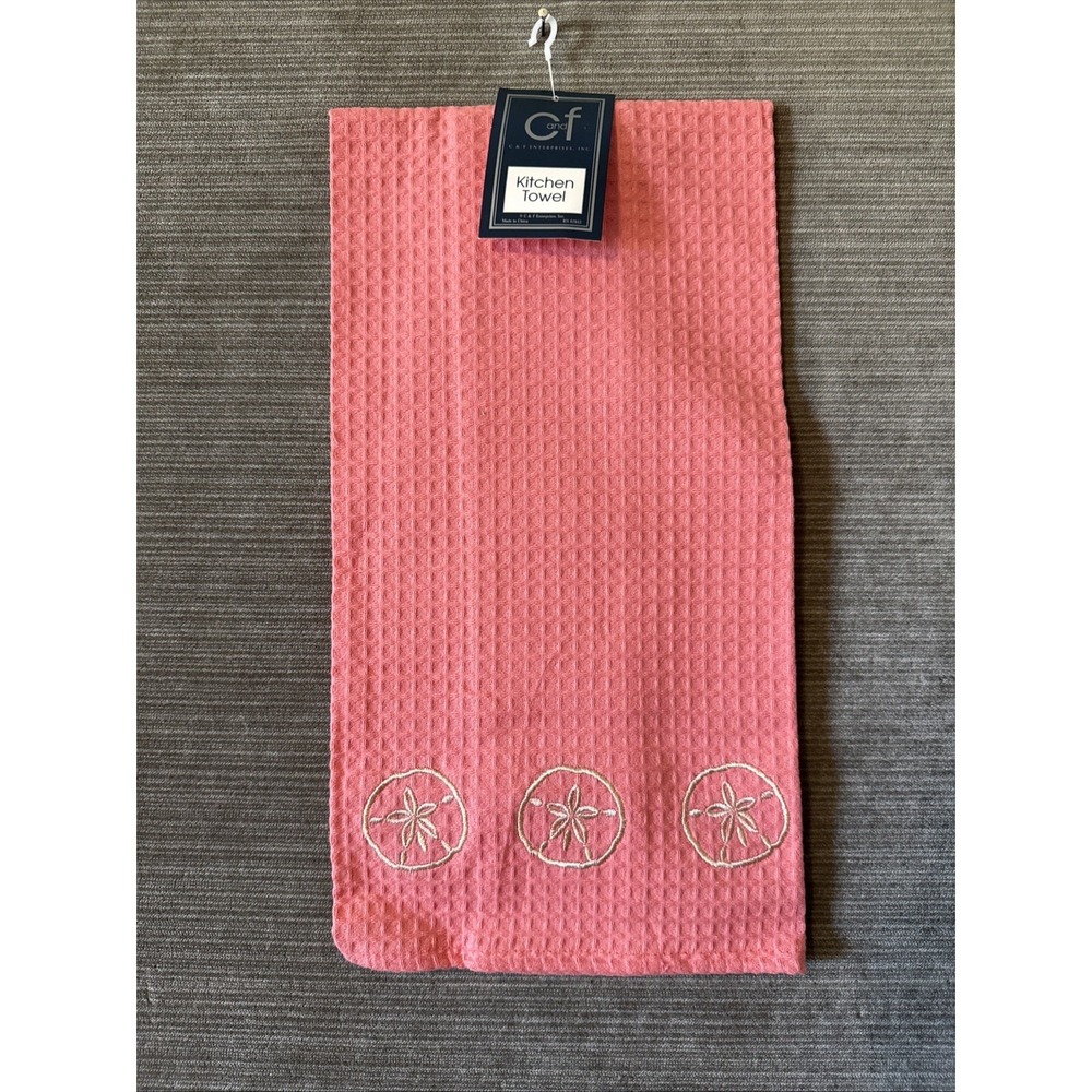 C&F Kitchen Towel Sand dollar Sanddollar coastal beach Coral Pink Waffle Weave